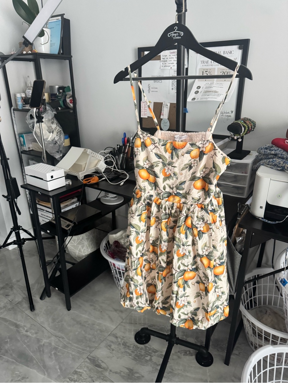 Sleeveless Cream Mini Dress with Orange Fruit Print - Brand Unknown